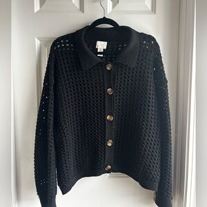 H&M Black Open-Knit Button Cardigan with Collar